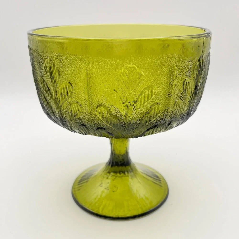 Vintage FTD Green Glass Compote Oak Leaf Pattern 1970s Footed Vase Bowl